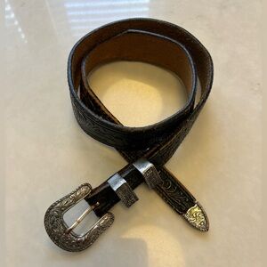 Vintage Western Black Embossed Leather Belt with Silver Buckle